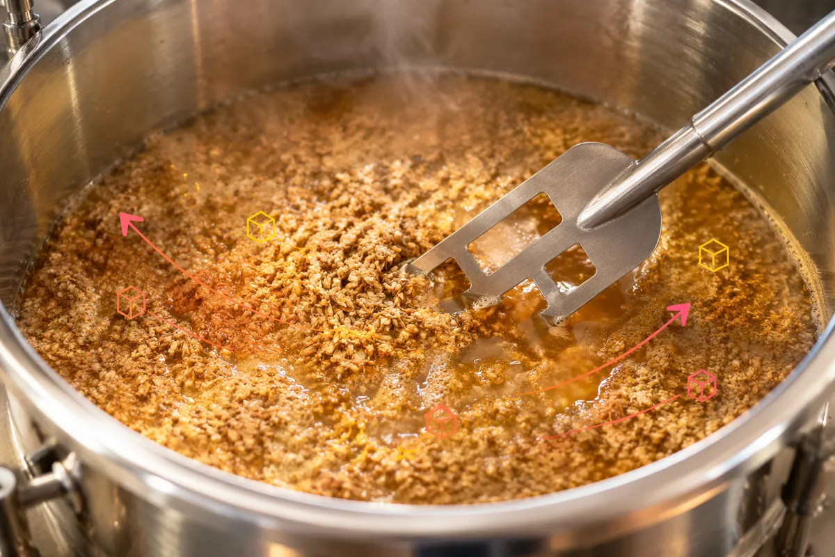 Cereal mash being stirred in a stainless brewing vessel, where adjunct starch is converted before fermentation